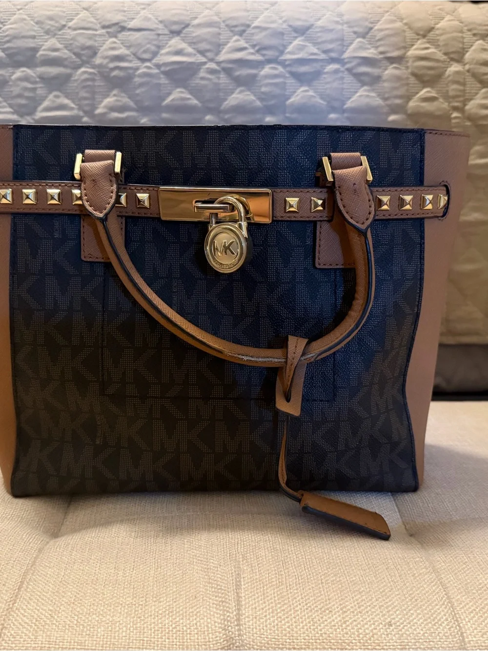 Michael Kors Black Logo Tote with Brown Trim and Gold Hardware